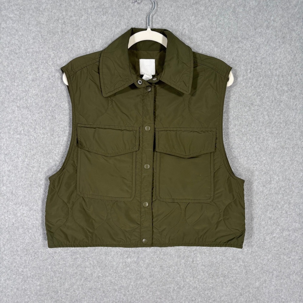 H&M Quilted Cropped Vest XS Olive Army Green Oversized Utility GORP Minimalist